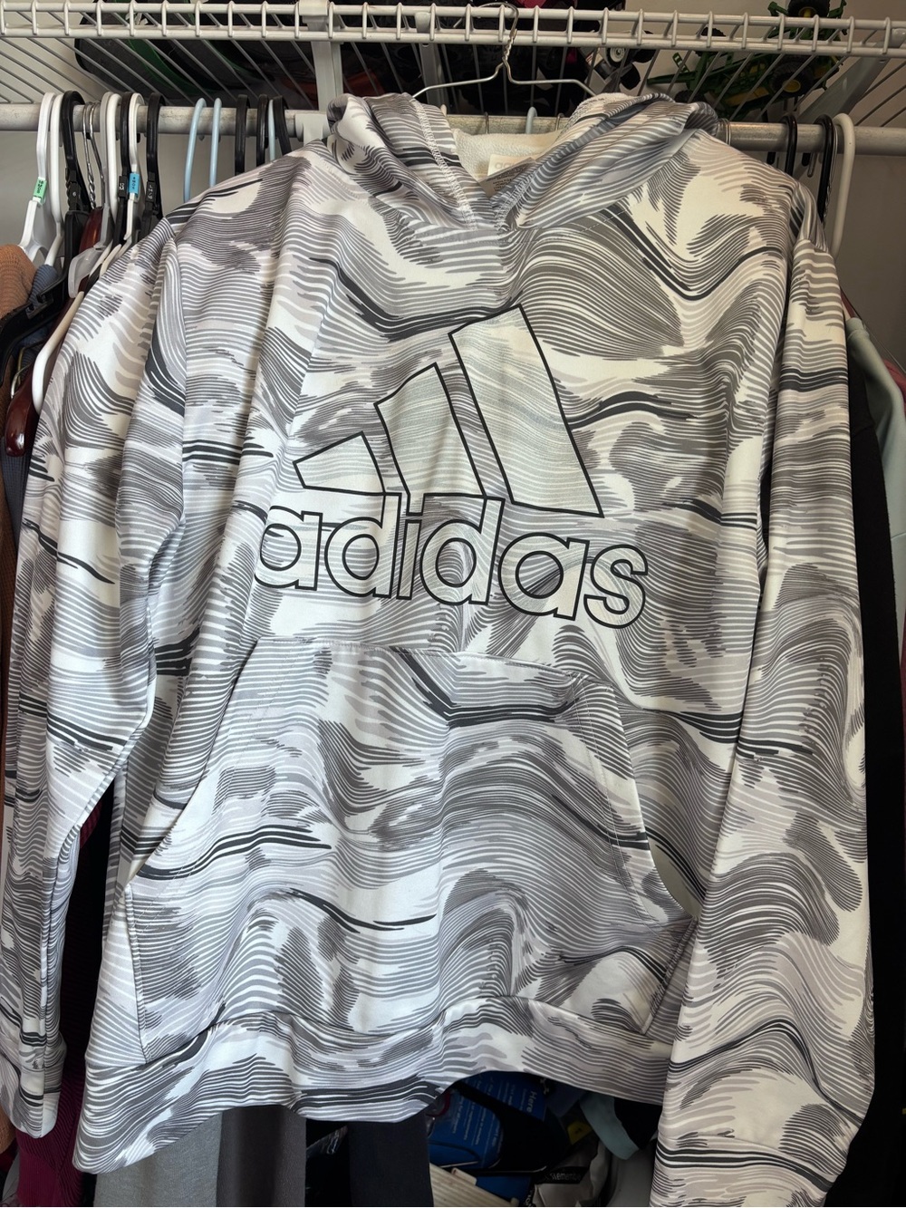 adidas White & Gray Striped Logo Hoodie